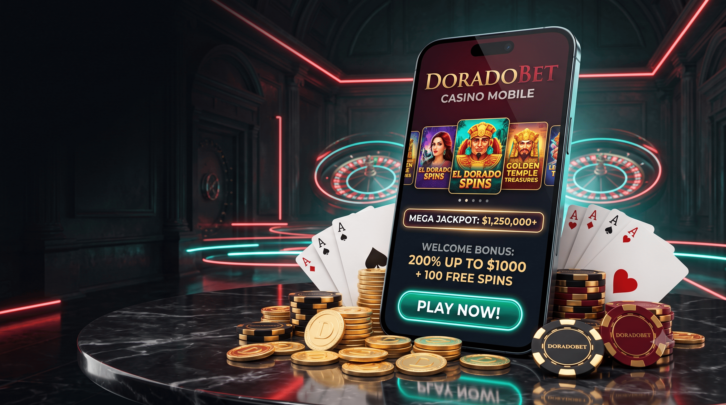 Pantalla de casino en móvil y cartas esparcidas